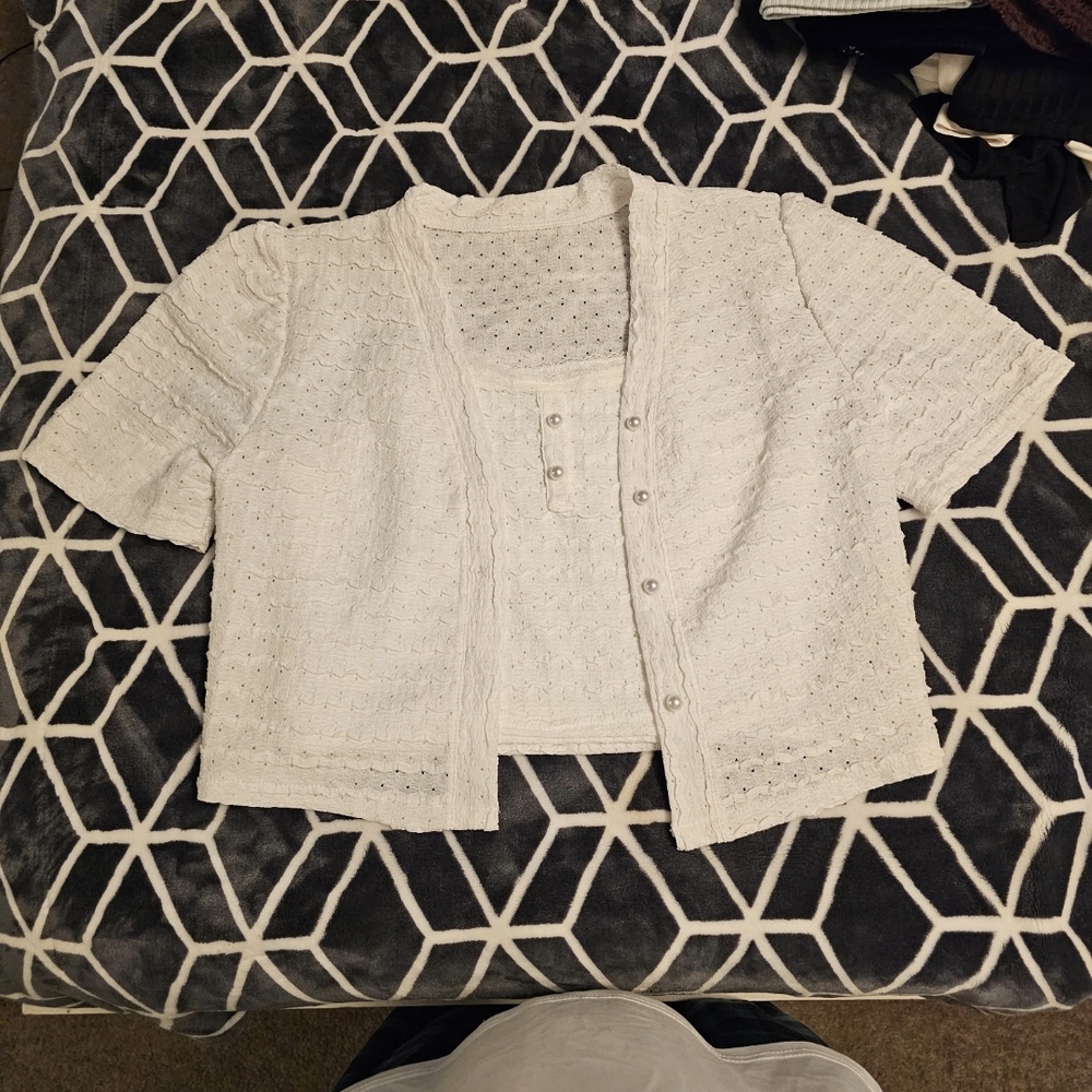 White Eyelet Button-Up Cardigan and Top Set